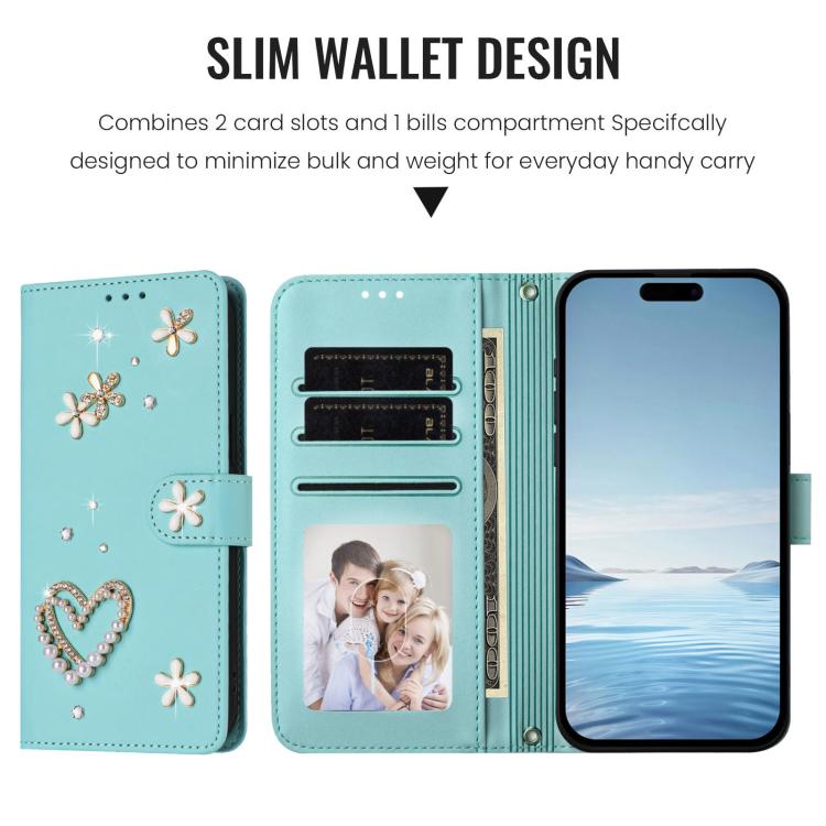 ZS01 Doppellagige Herzblumen Vegane Leder Handyhülle mit Handgelenkschlaufe, Für iPhone 15, Für iPhone 14 Plus, Für iPhone 14 / 13, Für iPhone 14 Pro, Für iPhone 14 Pro Max, Für iPhone 13 Pro Max