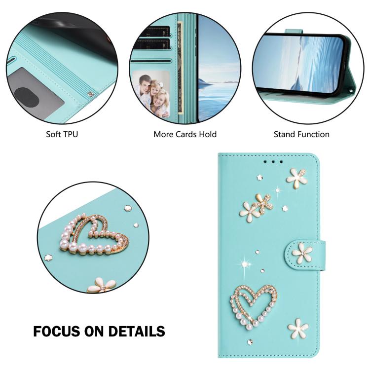 ZS01 Doppellagige Herzblumen Vegane Leder Handyhülle mit Handgelenkschlaufe, Für iPhone 15, Für iPhone 14 Plus, Für iPhone 14 / 13, Für iPhone 14 Pro, Für iPhone 14 Pro Max, Für iPhone 13 Pro Max