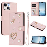 ZS01 Doppellagige Herzblumen Vegane Leder Handyhülle mit Handgelenkschlaufe, Für iPhone 15, Für iPhone 14 Plus, Für iPhone 14 / 13, Für iPhone 14 Pro, Für iPhone 14 Pro Max, Für iPhone 13 Pro Max