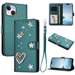ZS01 Doppellagige Herzblumen Vegane Leder Handyhülle mit Handgelenkschlaufe, Für iPhone 15, Für iPhone 14 Plus, Für iPhone 14 / 13, Für iPhone 14 Pro, Für iPhone 14 Pro Max, Für iPhone 13 Pro Max