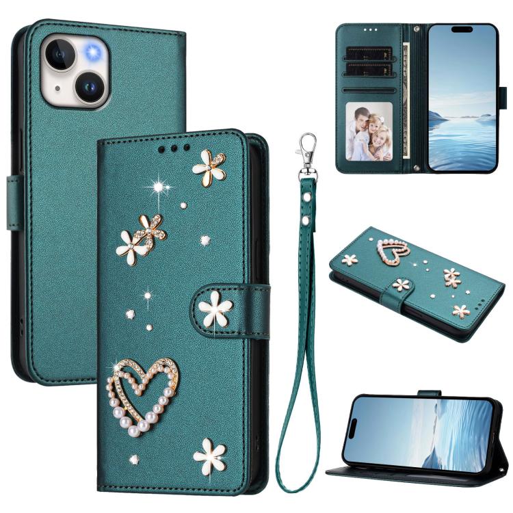 ZS01 Doppellagige Herzblumen Vegane Leder Handyhülle mit Handgelenkschlaufe, Für iPhone 15, Für iPhone 14 Plus, Für iPhone 14 / 13, Für iPhone 14 Pro, Für iPhone 14 Pro Max, Für iPhone 13 Pro Max