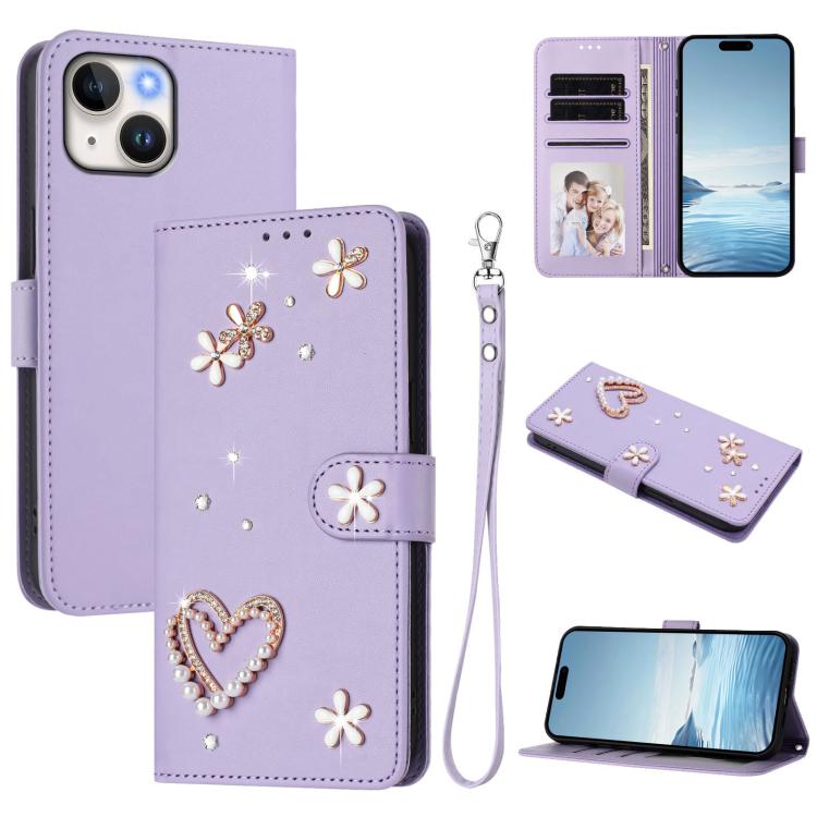 ZS01 Doppellagige Herzblumen Vegane Leder Handyhülle mit Handgelenkschlaufe, Für iPhone 15, Für iPhone 14 Plus, Für iPhone 14 / 13, Für iPhone 14 Pro, Für iPhone 14 Pro Max, Für iPhone 13 Pro Max