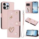 ZS01 Doppellagige Herzblumen Vegane Leder Handyhülle mit Handgelenkschlaufe, Für iPhone 15, Für iPhone 14 Plus, Für iPhone 14 / 13, Für iPhone 14 Pro, Für iPhone 14 Pro Max, Für iPhone 13 Pro Max