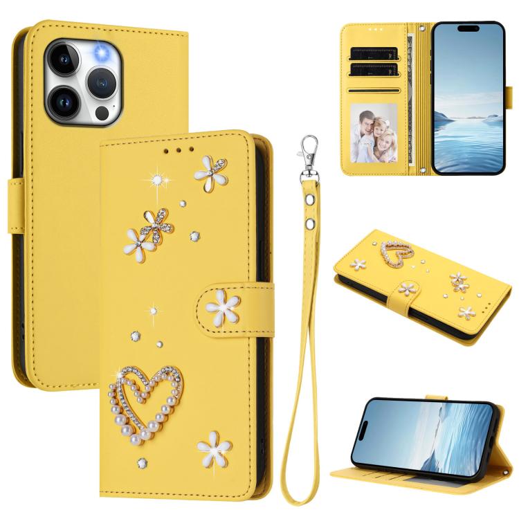 ZS01 Doppellagige Herzblumen Vegane Leder Handyhülle mit Handgelenkschlaufe, Für iPhone 15, Für iPhone 14 Plus, Für iPhone 14 / 13, Für iPhone 14 Pro, Für iPhone 14 Pro Max, Für iPhone 13 Pro Max
