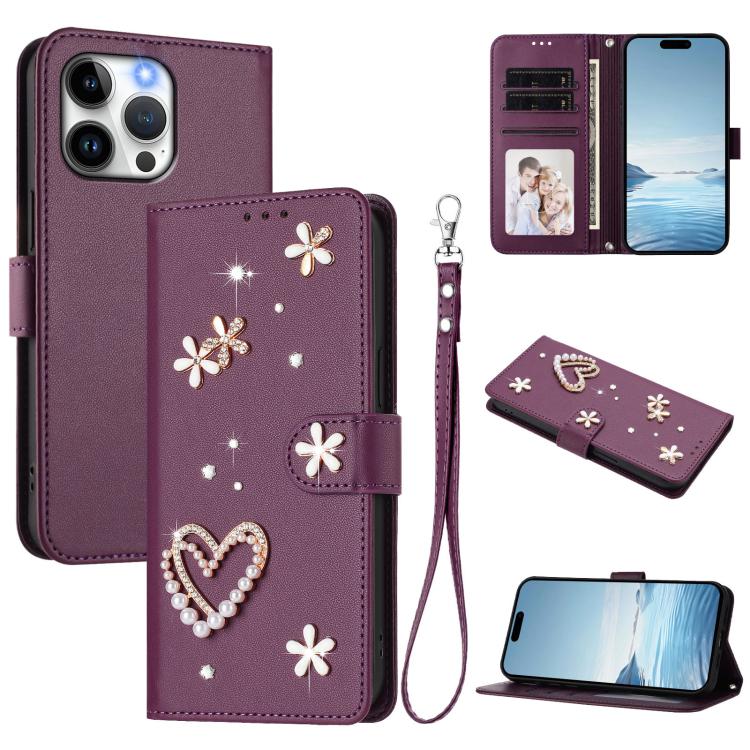 ZS01 Doppellagige Herzblumen Vegane Leder Handyhülle mit Handgelenkschlaufe, Für iPhone 15, Für iPhone 14 Plus, Für iPhone 14 / 13, Für iPhone 14 Pro, Für iPhone 14 Pro Max, Für iPhone 13 Pro Max