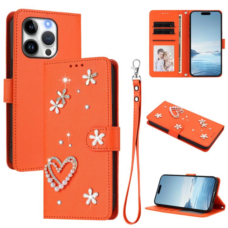 ZS01 Doppellagige Herzblumen Vegane Leder Handyhülle mit Handgelenkschlaufe, Für iPhone 15, Für iPhone 14 Plus, Für iPhone 14 / 13, Für iPhone 14 Pro, Für iPhone 14 Pro Max, Für iPhone 13 Pro Max