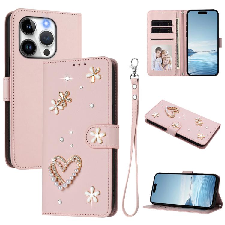 ZS01 Doppellagige Herzblumen Vegane Leder Handyhülle mit Handgelenkschlaufe, Für iPhone 15, Für iPhone 14 Plus, Für iPhone 14 / 13, Für iPhone 14 Pro, Für iPhone 14 Pro Max, Für iPhone 13 Pro Max