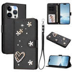 ZS01 Doppellagige Herzblumen Vegane Leder Handyhülle mit Handgelenkschlaufe, Für iPhone 15, Für iPhone 14 Plus, Für iPhone 14 / 13, Für iPhone 14 Pro, Für iPhone 14 Pro Max, Für iPhone 13 Pro Max