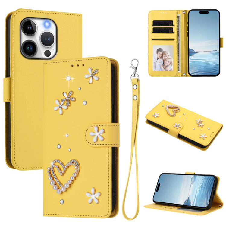 ZS01 Doppellagige Herzblumen Vegane Leder Handyhülle mit Handgelenkschlaufe, Für iPhone 15, Für iPhone 14 Plus, Für iPhone 14 / 13, Für iPhone 14 Pro, Für iPhone 14 Pro Max, Für iPhone 13 Pro Max