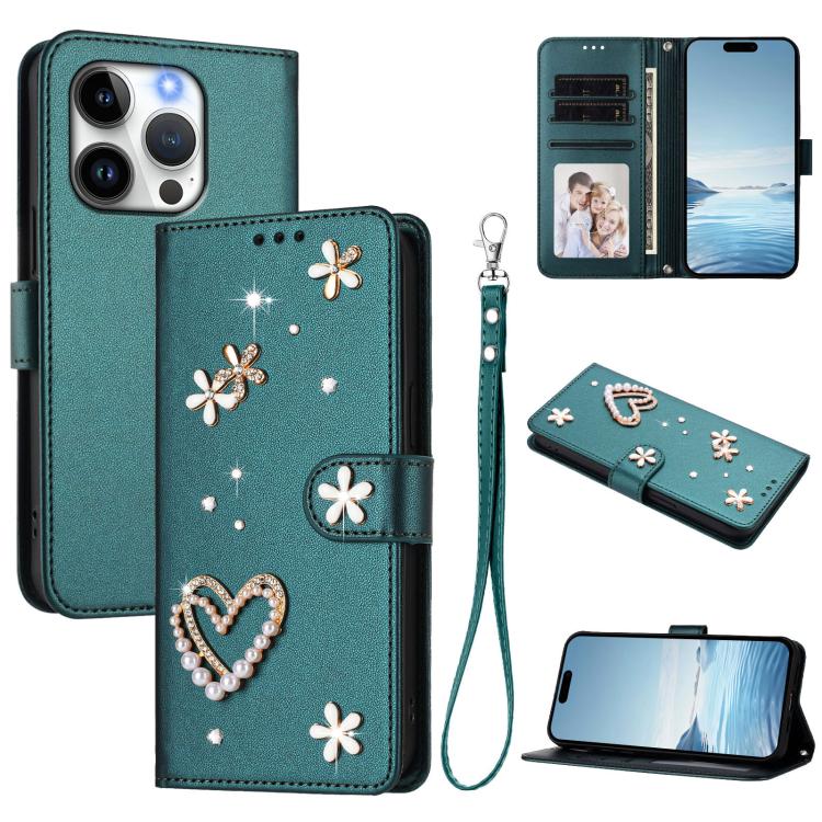 ZS01 Doppellagige Herzblumen Vegane Leder Handyhülle mit Handgelenkschlaufe, Für iPhone 15, Für iPhone 14 Plus, Für iPhone 14 / 13, Für iPhone 14 Pro, Für iPhone 14 Pro Max, Für iPhone 13 Pro Max