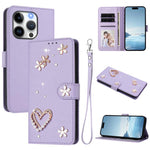 ZS01 Doppellagige Herzblumen Vegane Leder Handyhülle mit Handgelenkschlaufe, Für iPhone 15, Für iPhone 14 Plus, Für iPhone 14 / 13, Für iPhone 14 Pro, Für iPhone 14 Pro Max, Für iPhone 13 Pro Max