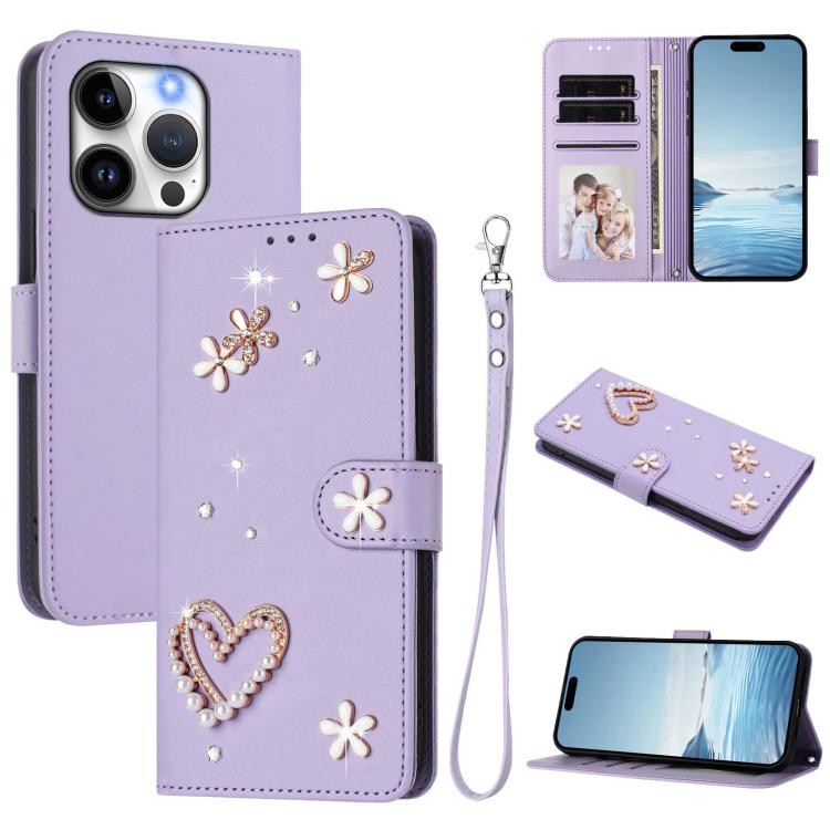 ZS01 Doppellagige Herzblumen Vegane Leder Handyhülle mit Handgelenkschlaufe, Für iPhone 15, Für iPhone 14 Plus, Für iPhone 14 / 13, Für iPhone 14 Pro, Für iPhone 14 Pro Max, Für iPhone 13 Pro Max
