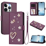 ZS01 Doppellagige Herzblumen Vegane Leder Handyhülle mit Handgelenkschlaufe, Für iPhone 15, Für iPhone 14 Plus, Für iPhone 14 / 13, Für iPhone 14 Pro, Für iPhone 14 Pro Max, Für iPhone 13 Pro Max