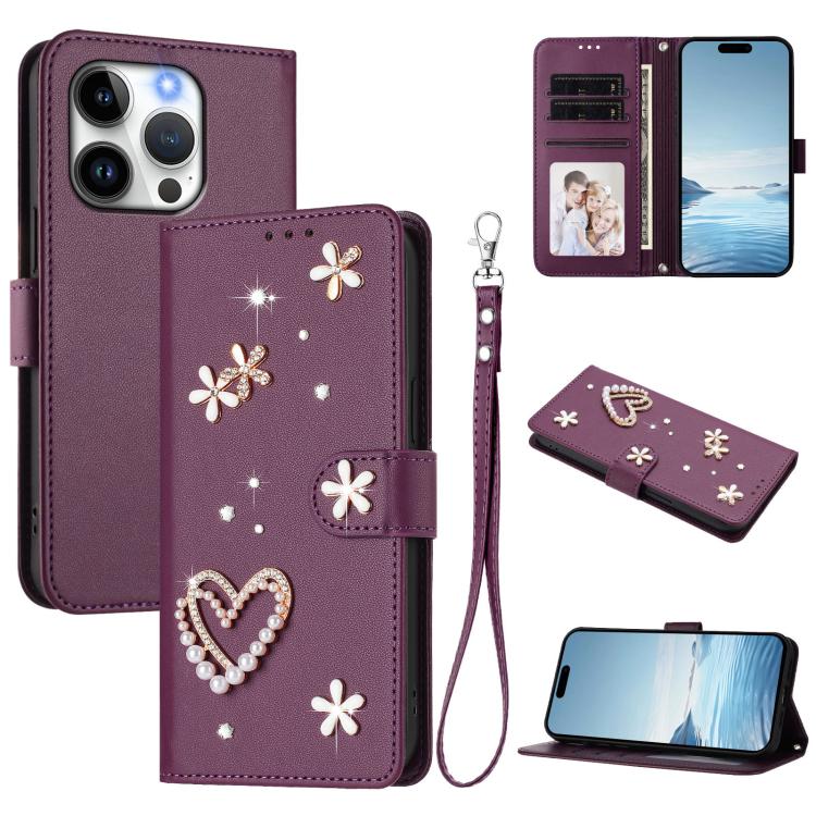 ZS01 Doppellagige Herzblumen Vegane Leder Handyhülle mit Handgelenkschlaufe, Für iPhone 15, Für iPhone 14 Plus, Für iPhone 14 / 13, Für iPhone 14 Pro, Für iPhone 14 Pro Max, Für iPhone 13 Pro Max