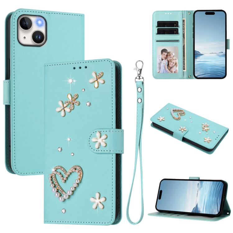 ZS01 Doppellagige Herzblumen Vegane Leder Handyhülle mit Handgelenkschlaufe, Für iPhone 15, Für iPhone 14 Plus, Für iPhone 14 / 13, Für iPhone 14 Pro, Für iPhone 14 Pro Max, Für iPhone 13 Pro Max