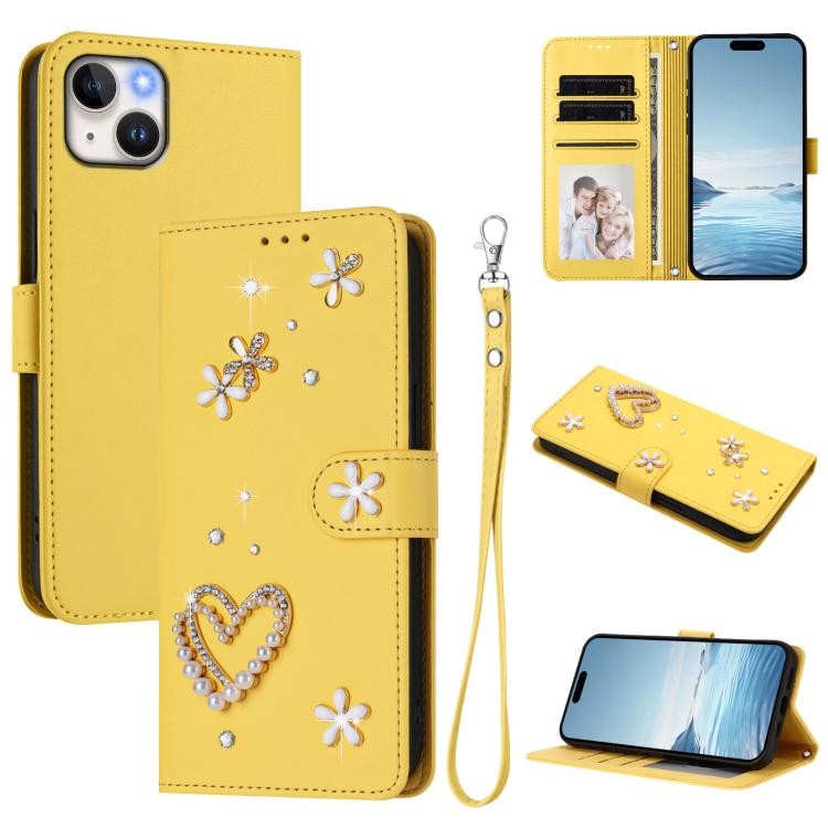 ZS01 Doppellagige Herzblumen Vegane Leder Handyhülle mit Handgelenkschlaufe, Für iPhone 15, Für iPhone 14 Plus, Für iPhone 14 / 13, Für iPhone 14 Pro, Für iPhone 14 Pro Max, Für iPhone 13 Pro Max