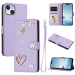 ZS01 Doppellagige Herzblumen Vegane Leder Handyhülle mit Handgelenkschlaufe, Für iPhone 15, Für iPhone 14 Plus, Für iPhone 14 / 13, Für iPhone 14 Pro, Für iPhone 14 Pro Max, Für iPhone 13 Pro Max