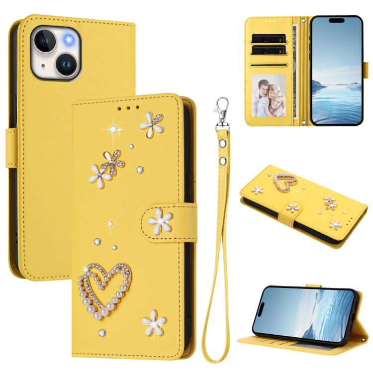 ZS01 Doppellagige Herzblumen Vegane Leder Handyhülle mit Handgelenkschlaufe, Für iPhone 15, Für iPhone 14 Plus, Für iPhone 14 / 13, Für iPhone 14 Pro, Für iPhone 14 Pro Max, Für iPhone 13 Pro Max