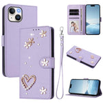 ZS01 Doppellagige Herzblumen Vegane Leder Handyhülle mit Handgelenkschlaufe, Für iPhone 15, Für iPhone 14 Plus, Für iPhone 14 / 13, Für iPhone 14 Pro, Für iPhone 14 Pro Max, Für iPhone 13 Pro Max