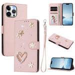 ZS01 Doppellagige Herzblumen Vegane Leder Handyhülle mit Handgelenkschlaufe, Für iPhone 15, Für iPhone 14 Plus, Für iPhone 14 / 13, Für iPhone 14 Pro, Für iPhone 14 Pro Max, Für iPhone 13 Pro Max