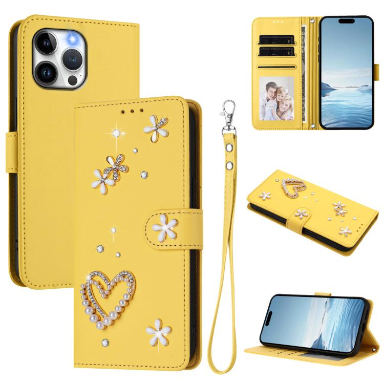 ZS01 Doppellagige Herzblumen Vegane Leder Handyhülle mit Handgelenkschlaufe, Für iPhone 15, Für iPhone 14 Plus, Für iPhone 14 / 13, Für iPhone 14 Pro, Für iPhone 14 Pro Max, Für iPhone 13 Pro Max