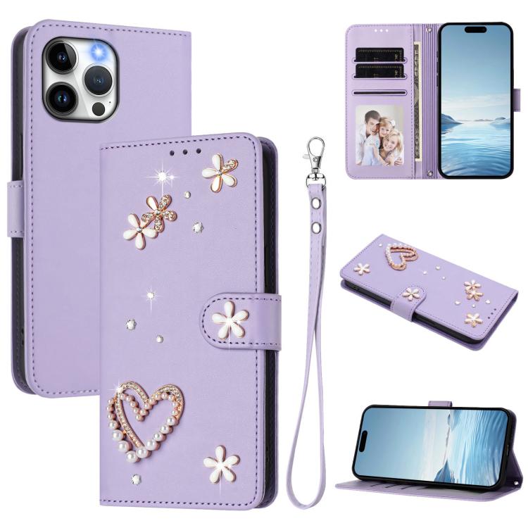ZS01 Doppellagige Herzblumen Vegane Leder Handyhülle mit Handgelenkschlaufe, Für iPhone 15, Für iPhone 14 Plus, Für iPhone 14 / 13, Für iPhone 14 Pro, Für iPhone 14 Pro Max, Für iPhone 13 Pro Max