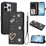 ZS01 Doppellagige Herzblumen Vegane Leder Handyhülle mit Handgelenkschlaufe, Für iPhone 13 Pro, Für iPhone 12 / 12 Pro, Für iPhone 12 Pro Max, Für iPhone 11 Pro Max, Für iPhone 11, Für iPhone 11 Pro