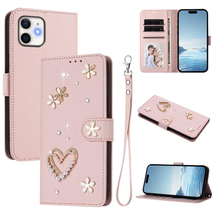 ZS01 Doppellagige Herzblumen Vegane Leder Handyhülle mit Handgelenkschlaufe, Für iPhone 13 Pro, Für iPhone 12 / 12 Pro, Für iPhone 12 Pro Max, Für iPhone 11 Pro Max, Für iPhone 11, Für iPhone 11 Pro