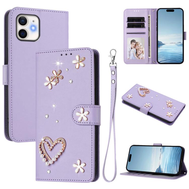 ZS01 Doppellagige Herzblumen Vegane Leder Handyhülle mit Handgelenkschlaufe, Für iPhone 13 Pro, Für iPhone 12 / 12 Pro, Für iPhone 12 Pro Max, Für iPhone 11 Pro Max, Für iPhone 11, Für iPhone 11 Pro