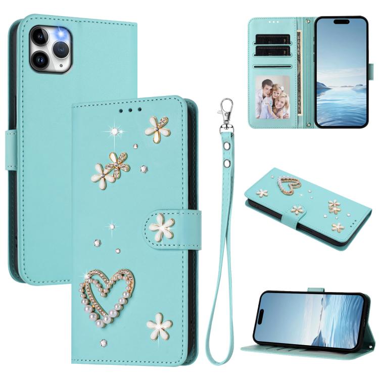 ZS01 Doppellagige Herzblumen Vegane Leder Handyhülle mit Handgelenkschlaufe, Für iPhone 13 Pro, Für iPhone 12 / 12 Pro, Für iPhone 12 Pro Max, Für iPhone 11 Pro Max, Für iPhone 11, Für iPhone 11 Pro
