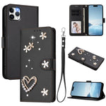 ZS01 Doppellagige Herzblumen Vegane Leder Handyhülle mit Handgelenkschlaufe, Für iPhone 13 Pro, Für iPhone 12 / 12 Pro, Für iPhone 12 Pro Max, Für iPhone 11 Pro Max, Für iPhone 11, Für iPhone 11 Pro