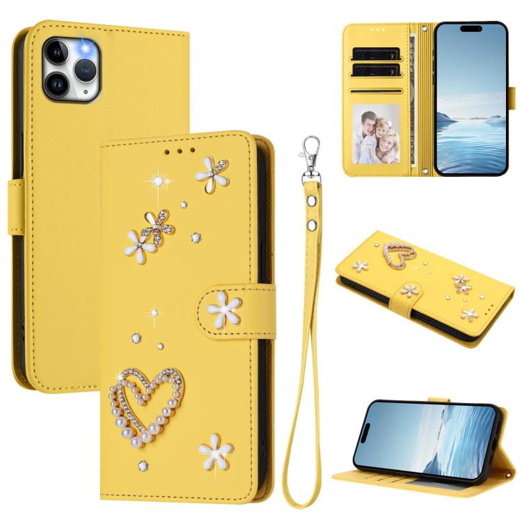ZS01 Doppellagige Herzblumen Vegane Leder Handyhülle mit Handgelenkschlaufe, Für iPhone 13 Pro, Für iPhone 12 / 12 Pro, Für iPhone 12 Pro Max, Für iPhone 11 Pro Max, Für iPhone 11, Für iPhone 11 Pro