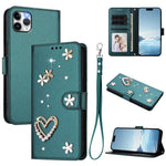 ZS01 Doppellagige Herzblumen Vegane Leder Handyhülle mit Handgelenkschlaufe, Für iPhone 13 Pro, Für iPhone 12 / 12 Pro, Für iPhone 12 Pro Max, Für iPhone 11 Pro Max, Für iPhone 11, Für iPhone 11 Pro