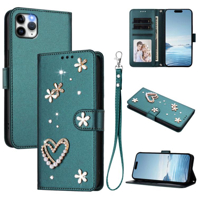 ZS01 Doppellagige Herzblumen Vegane Leder Handyhülle mit Handgelenkschlaufe, Für iPhone 13 Pro, Für iPhone 12 / 12 Pro, Für iPhone 12 Pro Max, Für iPhone 11 Pro Max, Für iPhone 11, Für iPhone 11 Pro