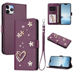 ZS01 Doppellagige Herzblumen Vegane Leder Handyhülle mit Handgelenkschlaufe, Für iPhone 13 Pro, Für iPhone 12 / 12 Pro, Für iPhone 12 Pro Max, Für iPhone 11 Pro Max, Für iPhone 11, Für iPhone 11 Pro