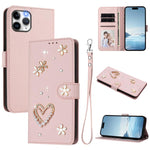 ZS01 Doppellagige Herzblumen Vegane Leder Handyhülle mit Handgelenkschlaufe, Für iPhone 13 Pro, Für iPhone 12 / 12 Pro, Für iPhone 12 Pro Max, Für iPhone 11 Pro Max, Für iPhone 11, Für iPhone 11 Pro