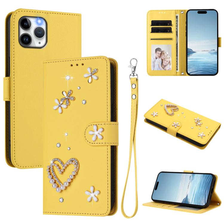 ZS01 Doppellagige Herzblumen Vegane Leder Handyhülle mit Handgelenkschlaufe, Für iPhone 13 Pro, Für iPhone 12 / 12 Pro, Für iPhone 12 Pro Max, Für iPhone 11 Pro Max, Für iPhone 11, Für iPhone 11 Pro