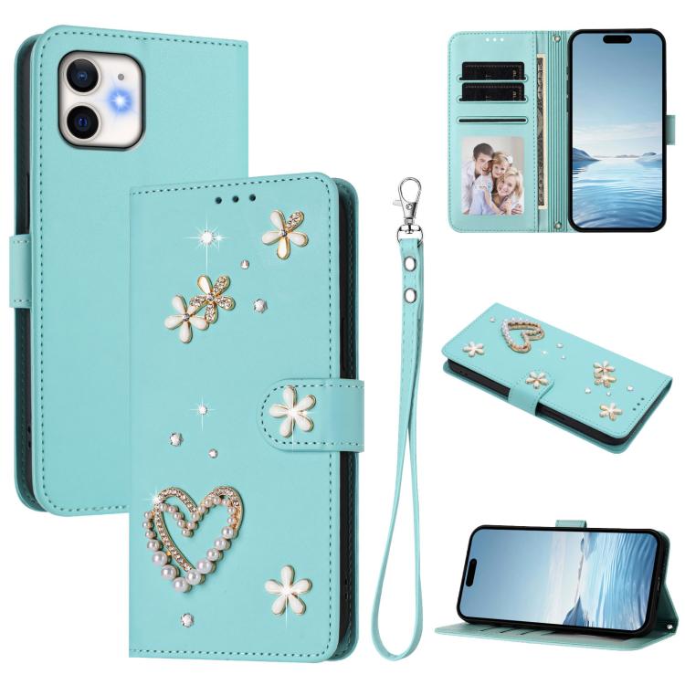 ZS01 Doppellagige Herzblumen Vegane Leder Handyhülle mit Handgelenkschlaufe, Für iPhone 13 Pro, Für iPhone 12 / 12 Pro, Für iPhone 12 Pro Max, Für iPhone 11 Pro Max, Für iPhone 11, Für iPhone 11 Pro