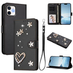ZS01 Doppellagige Herzblumen Vegane Leder Handyhülle mit Handgelenkschlaufe, Für iPhone 13 Pro, Für iPhone 12 / 12 Pro, Für iPhone 12 Pro Max, Für iPhone 11 Pro Max, Für iPhone 11, Für iPhone 11 Pro