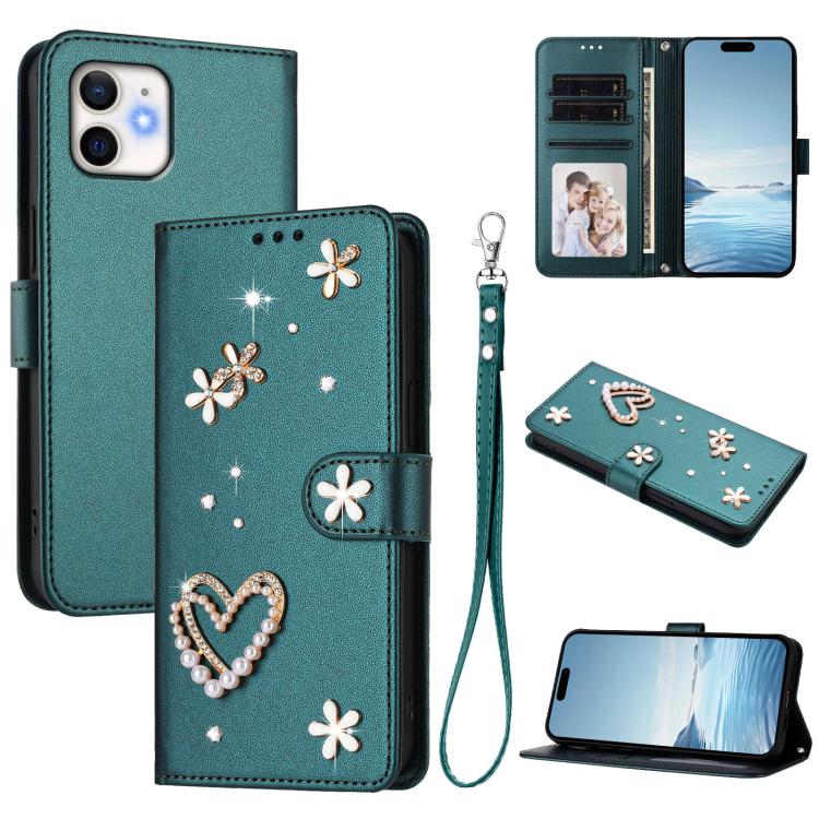 ZS01 Doppellagige Herzblumen Vegane Leder Handyhülle mit Handgelenkschlaufe, Für iPhone 13 Pro, Für iPhone 12 / 12 Pro, Für iPhone 12 Pro Max, Für iPhone 11 Pro Max, Für iPhone 11, Für iPhone 11 Pro