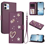 ZS01 Doppellagige Herzblumen Vegane Leder Handyhülle mit Handgelenkschlaufe, Für iPhone 13 Pro, Für iPhone 12 / 12 Pro, Für iPhone 12 Pro Max, Für iPhone 11 Pro Max, Für iPhone 11, Für iPhone 11 Pro