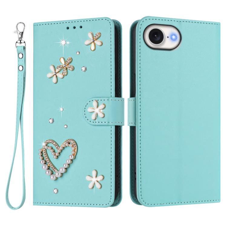 ZS01 Doppellagige Herzblumen Vegane Leder Handyhülle mit Handgelenkschlaufe, Für iPhone 17e / 16e, Für iPhone 17 Pro Max, Für iPhone 17 Pro, Für iPhone 17, Für iPhone Air, Für iPhone 16 Pro Max