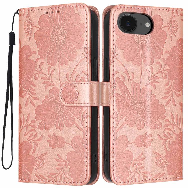 Sonnenblumen-Prägung vegane Leder-Handyhülle mit kleinem schwarzem Seil, Für iPhone 16e / 17e, Für iPhone 17 Pro Max, Für iPhone 17 Pro, Für iPhone 17, Für iPhone Air, Für iPhone 16 Pro Max, Für iPhone 16 Pro, Für iPhone 16 Plus