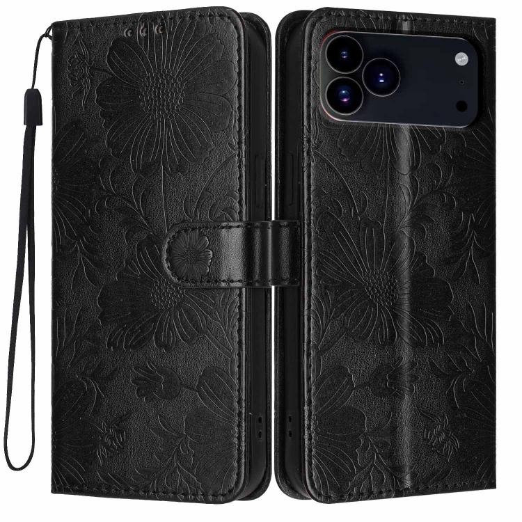 Sonnenblumen-Prägung vegane Leder-Handyhülle mit kleinem schwarzem Seil, Für iPhone 16e / 17e, Für iPhone 17 Pro Max, Für iPhone 17 Pro, Für iPhone 17, Für iPhone Air, Für iPhone 16 Pro Max, Für iPhone 16 Pro, Für iPhone 16 Plus