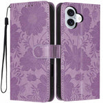 Sonnenblumen-Prägung vegane Leder-Handyhülle mit kleinem schwarzem Seil, Für iPhone 16e / 17e, Für iPhone 17 Pro Max, Für iPhone 17 Pro, Für iPhone 17, Für iPhone Air, Für iPhone 16 Pro Max, Für iPhone 16 Pro, Für iPhone 16 Plus