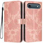 Sonnenblumen-Prägung vegane Leder-Handyhülle mit kleinem schwarzem Seil, Für iPhone 16e / 17e, Für iPhone 17 Pro Max, Für iPhone 17 Pro, Für iPhone 17, Für iPhone Air, Für iPhone 16 Pro Max, Für iPhone 16 Pro, Für iPhone 16 Plus