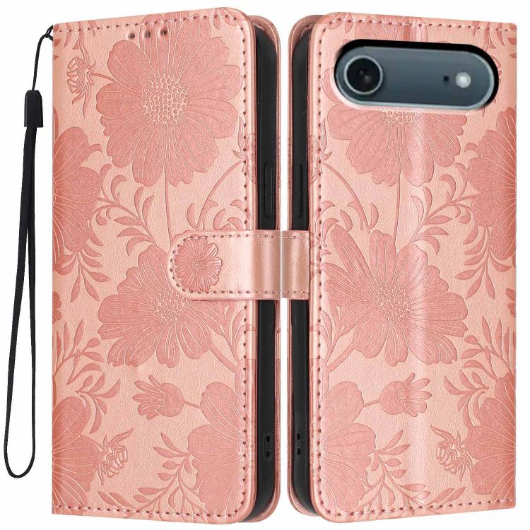 Sonnenblumen-Prägung vegane Leder-Handyhülle mit kleinem schwarzem Seil, Für iPhone 16e / 17e, Für iPhone 17 Pro Max, Für iPhone 17 Pro, Für iPhone 17, Für iPhone Air, Für iPhone 16 Pro Max, Für iPhone 16 Pro, Für iPhone 16 Plus