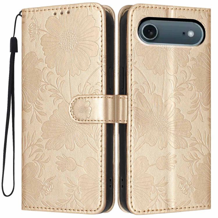 Sonnenblumen-Prägung vegane Leder-Handyhülle mit kleinem schwarzem Seil, Für iPhone 16e / 17e, Für iPhone 17 Pro Max, Für iPhone 17 Pro, Für iPhone 17, Für iPhone Air, Für iPhone 16 Pro Max, Für iPhone 16 Pro, Für iPhone 16 Plus