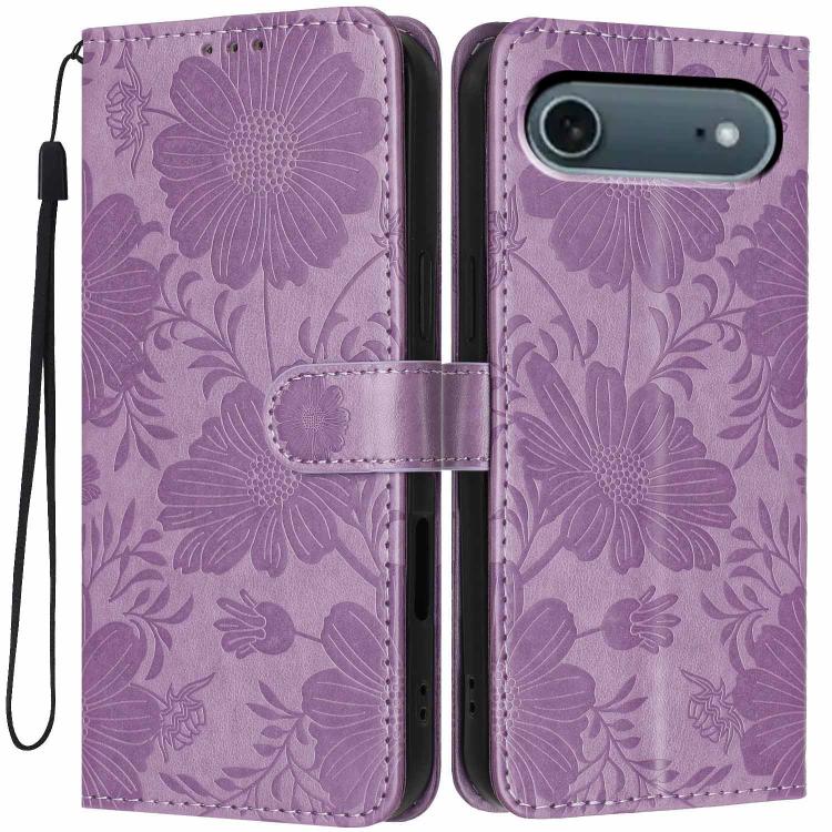 Sonnenblumen-Prägung vegane Leder-Handyhülle mit kleinem schwarzem Seil, Für iPhone 16e / 17e, Für iPhone 17 Pro Max, Für iPhone 17 Pro, Für iPhone 17, Für iPhone Air, Für iPhone 16 Pro Max, Für iPhone 16 Pro, Für iPhone 16 Plus