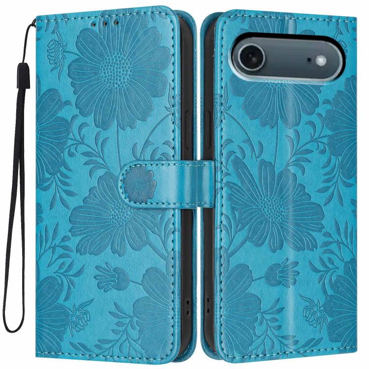 Sonnenblumen-Prägung vegane Leder-Handyhülle mit kleinem schwarzem Seil, Für iPhone 16e / 17e, Für iPhone 17 Pro Max, Für iPhone 17 Pro, Für iPhone 17, Für iPhone Air, Für iPhone 16 Pro Max, Für iPhone 16 Pro, Für iPhone 16 Plus